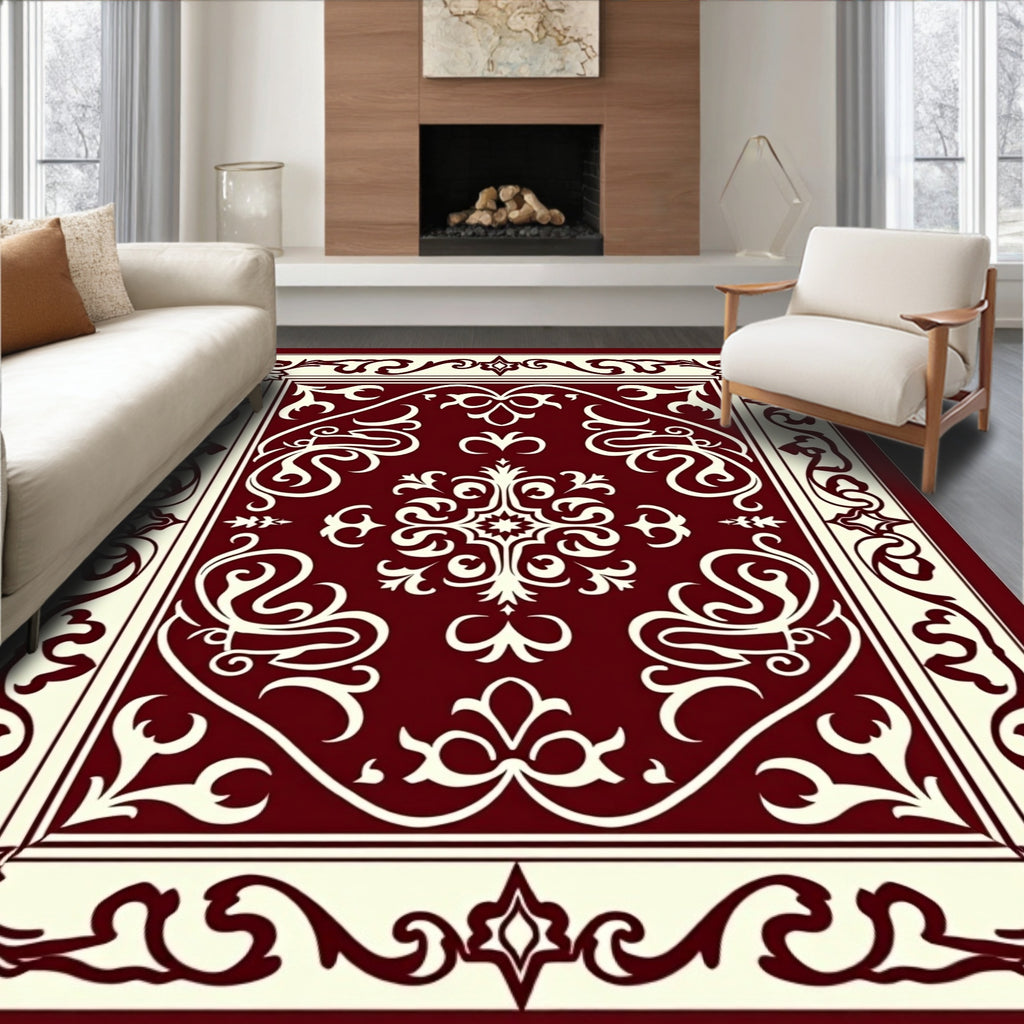 Rich Burgundy Ivory Ornate Pattern Rug
