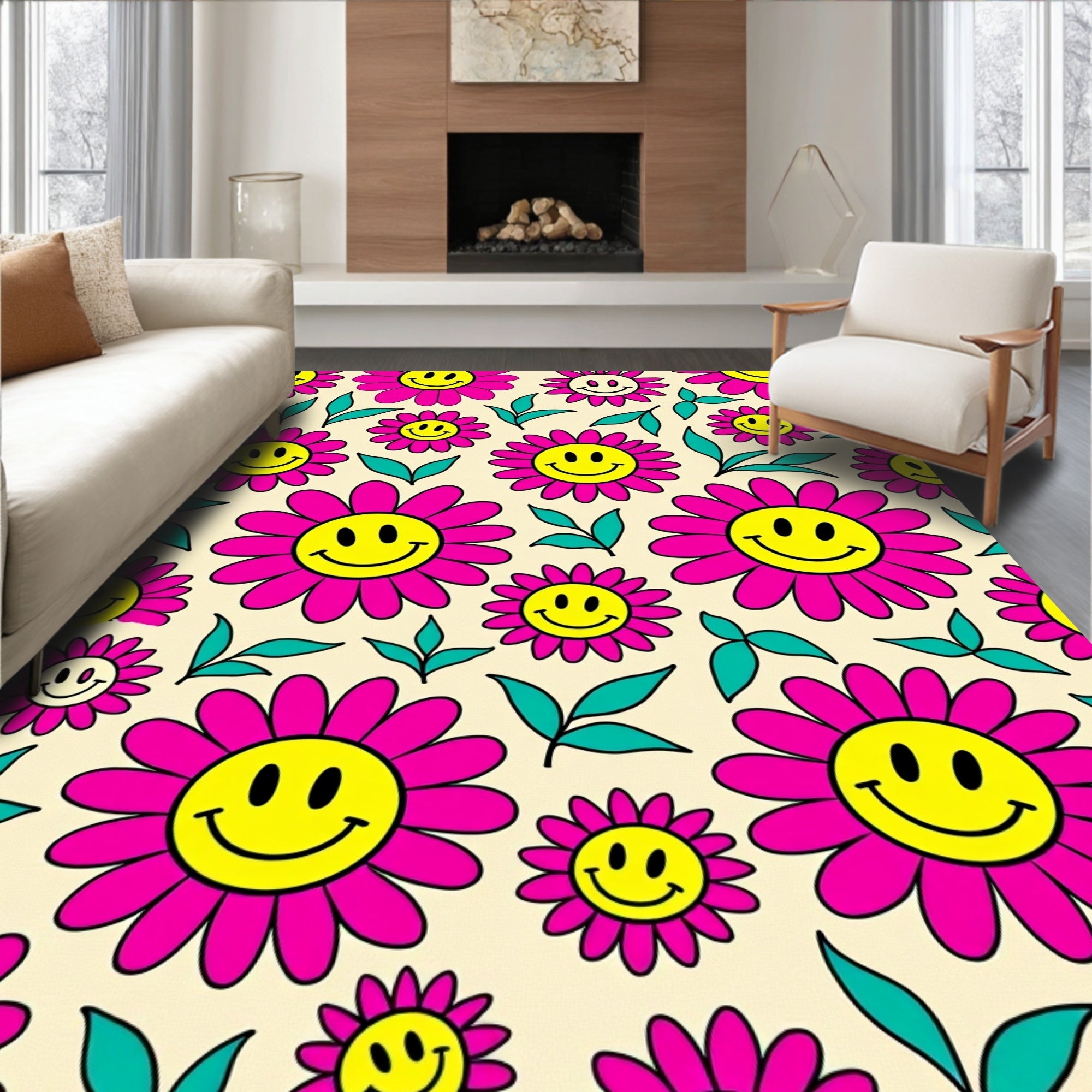 Groovy Flower Power Smiley Faces Rug