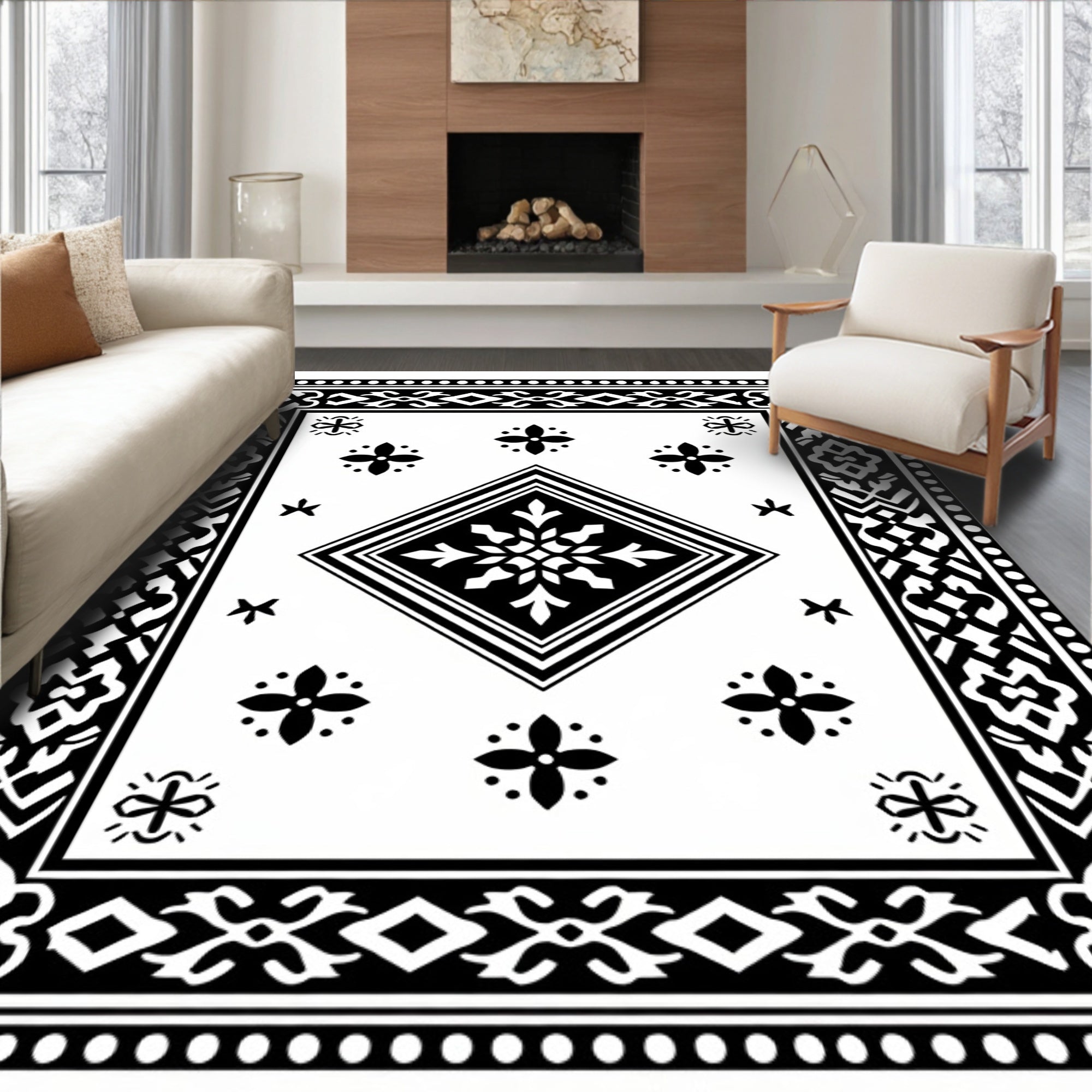 Traditional Black and White Geometric Design Rug