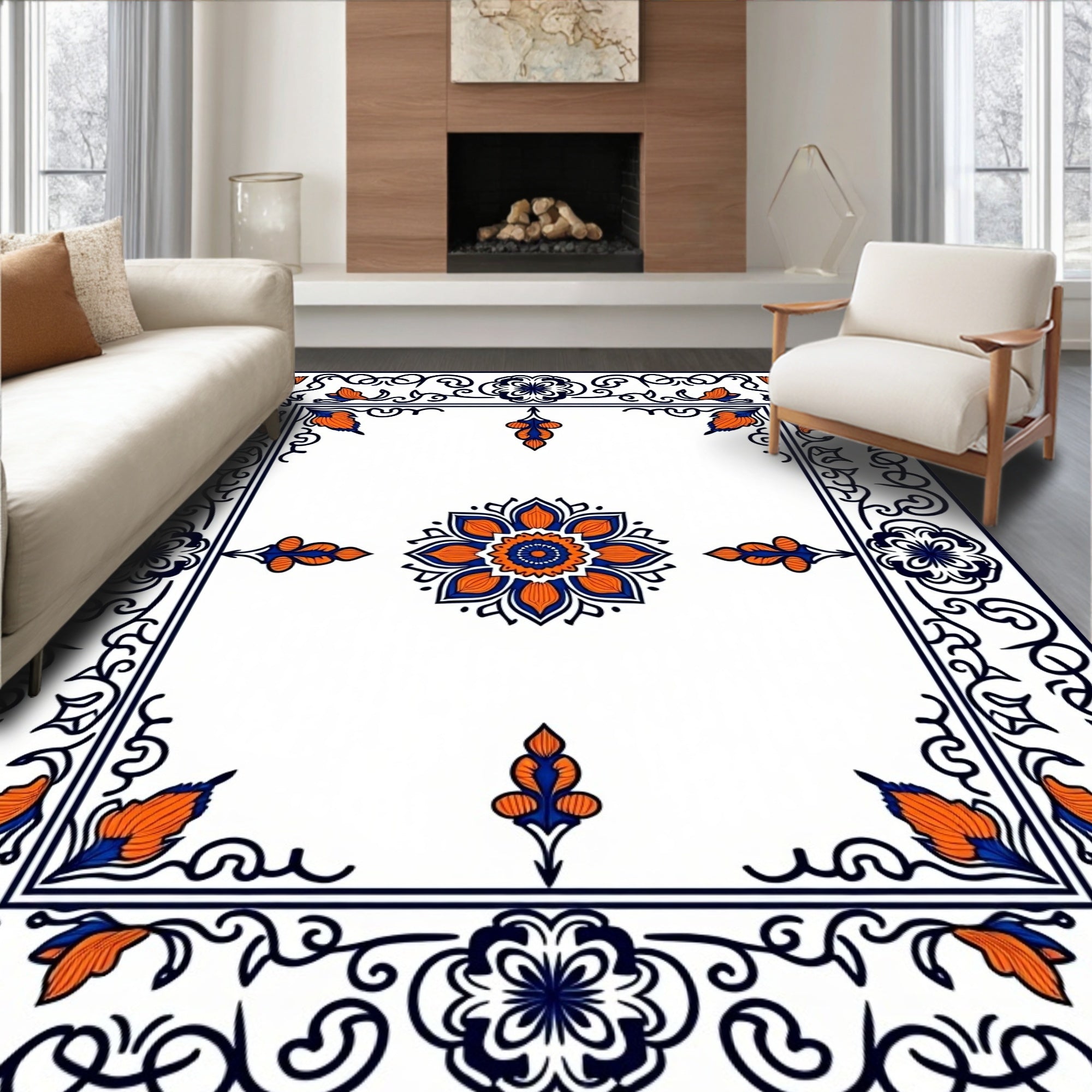Ornate Floral And Leaf Border Rug