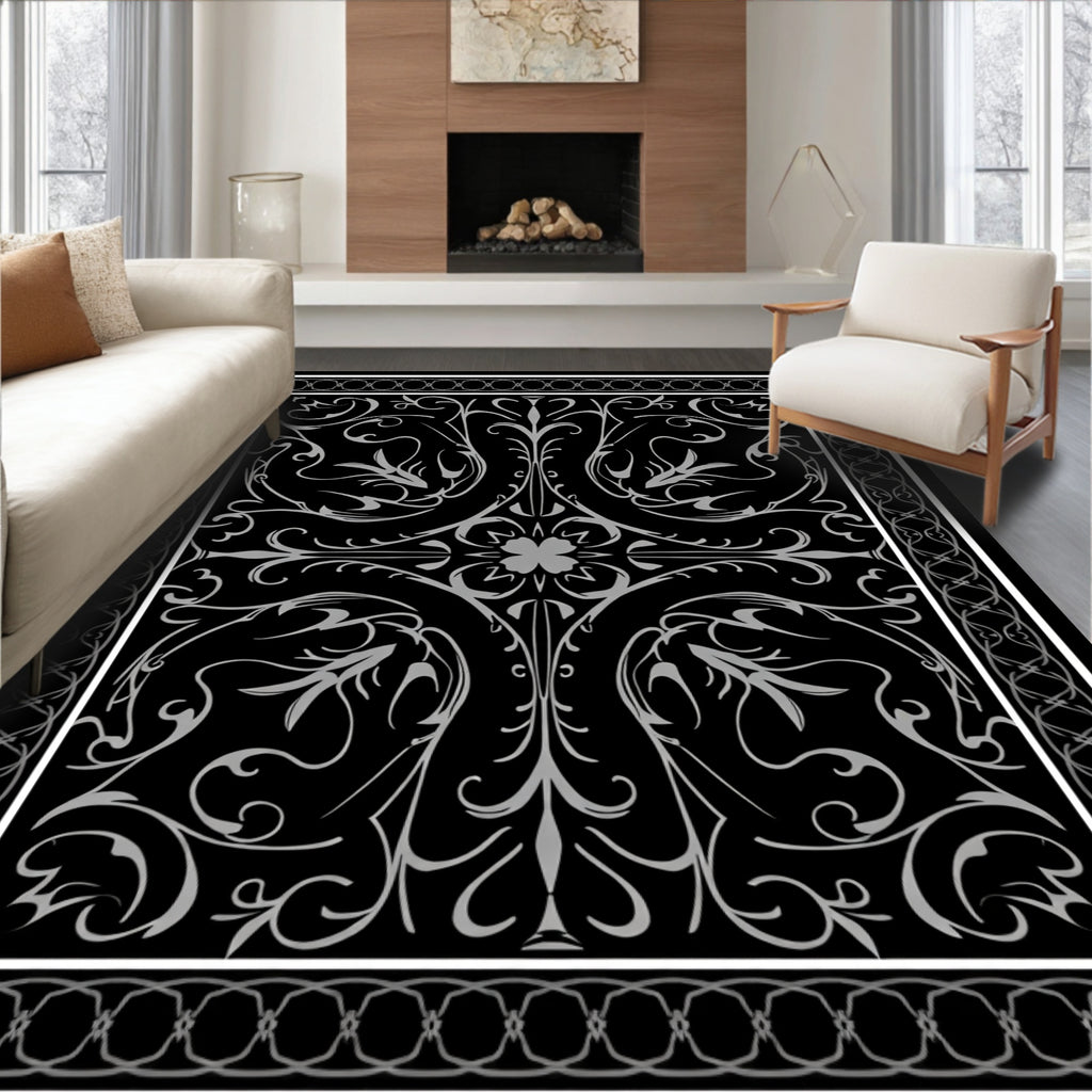 Ornate Flourish Black Gray Design Rug