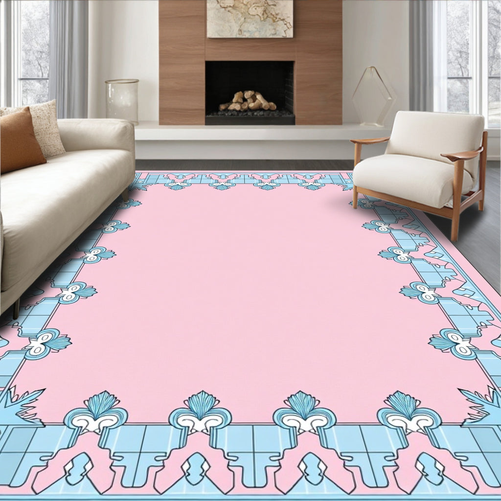 Soft Pink Blue Floral Border Rug
