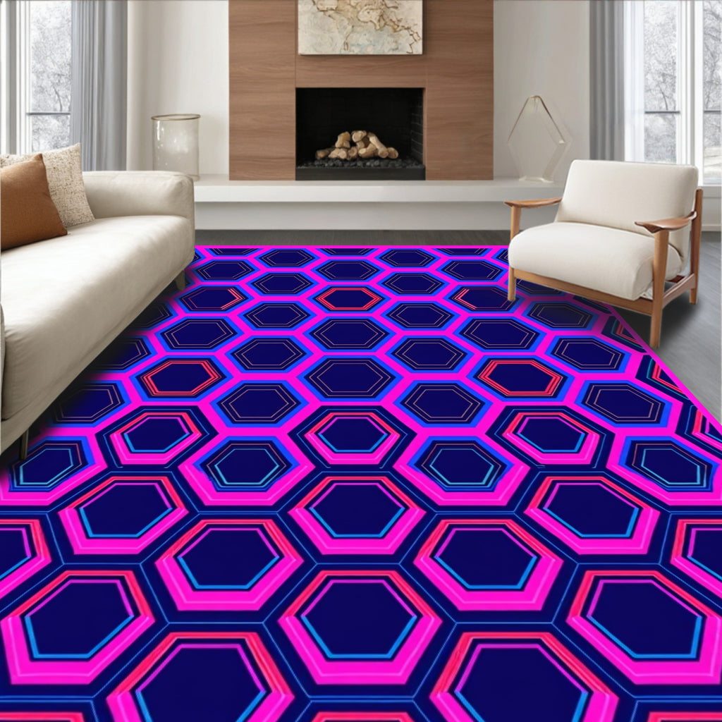 Bold Pink Blue Hexagon Geometric Design Rug