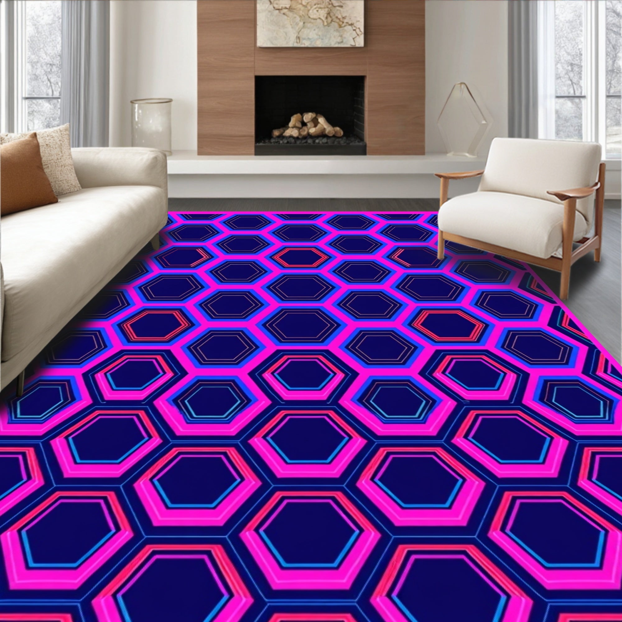 Bold Pink Blue Hexagon Geometric Design Rug