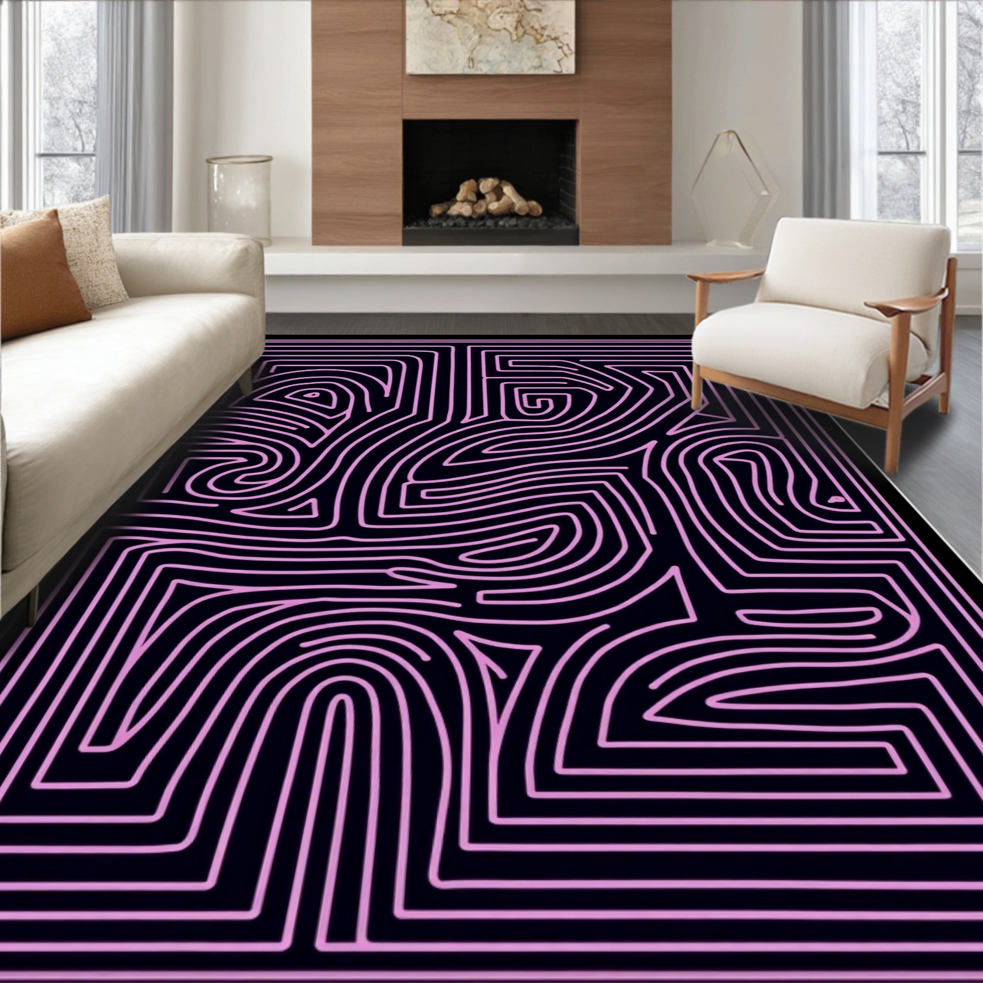 Abstract Pink Maze Pattern Rug