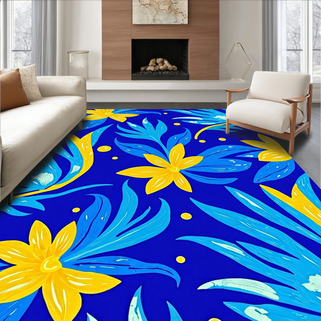 Bold Blue Yellow Floral Swirls Rug