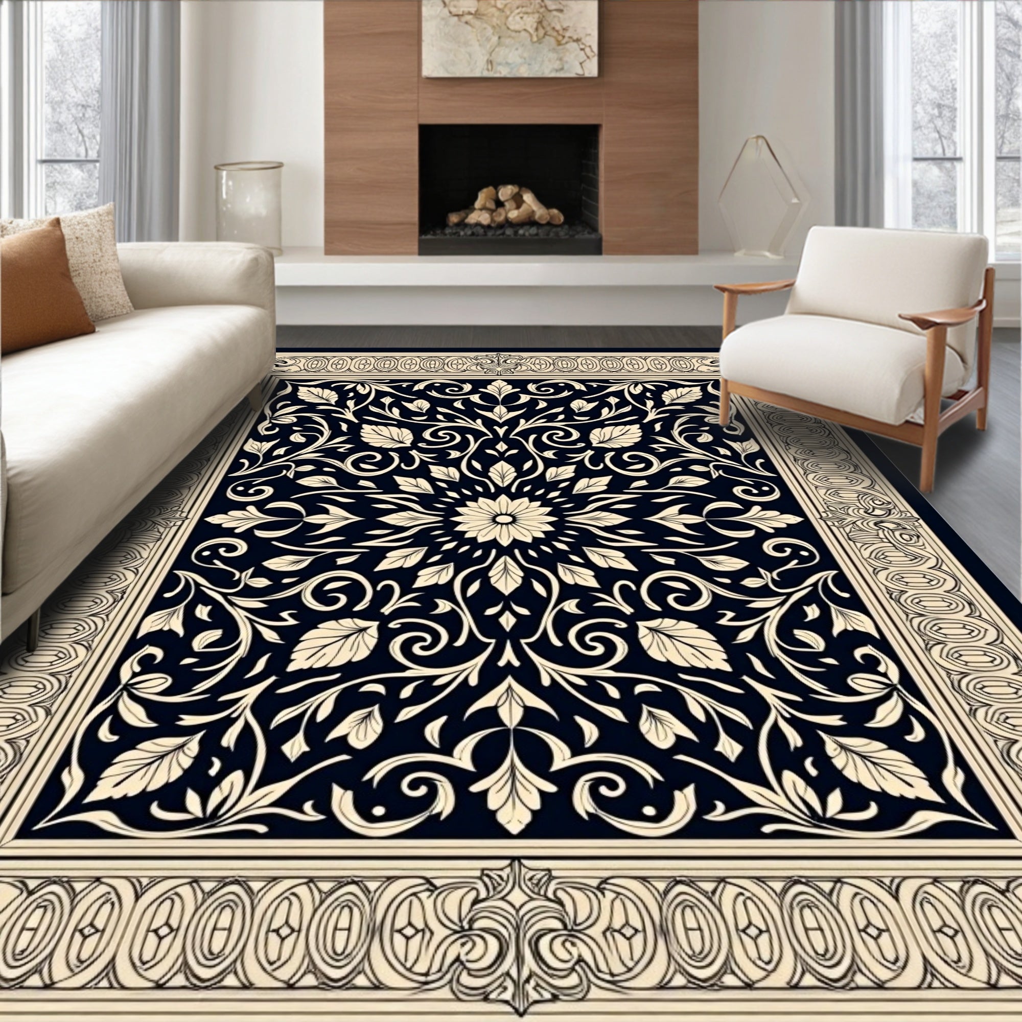 Black Ivory Floral Scrollwork Vintage Design Rug