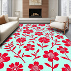 Red Floral Design On Teal Canvas Rug