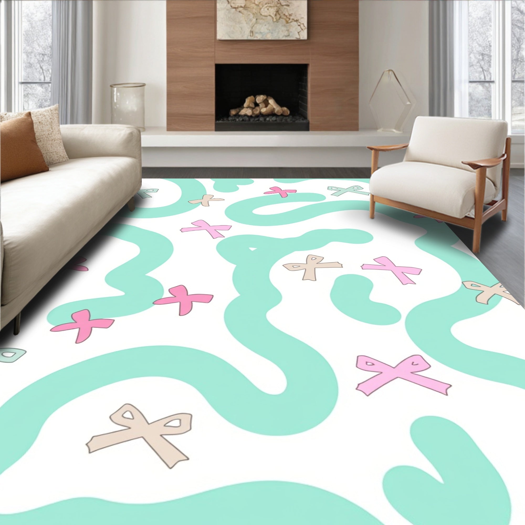 Whimsical Bow Pattern with Aqua Waves Rug