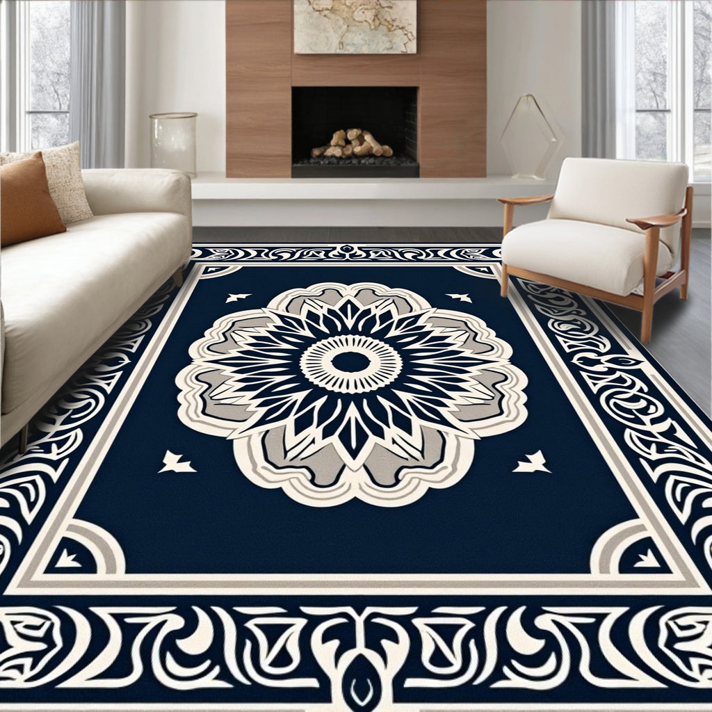 Ornate Floral Mandala With Geometric Border Rug