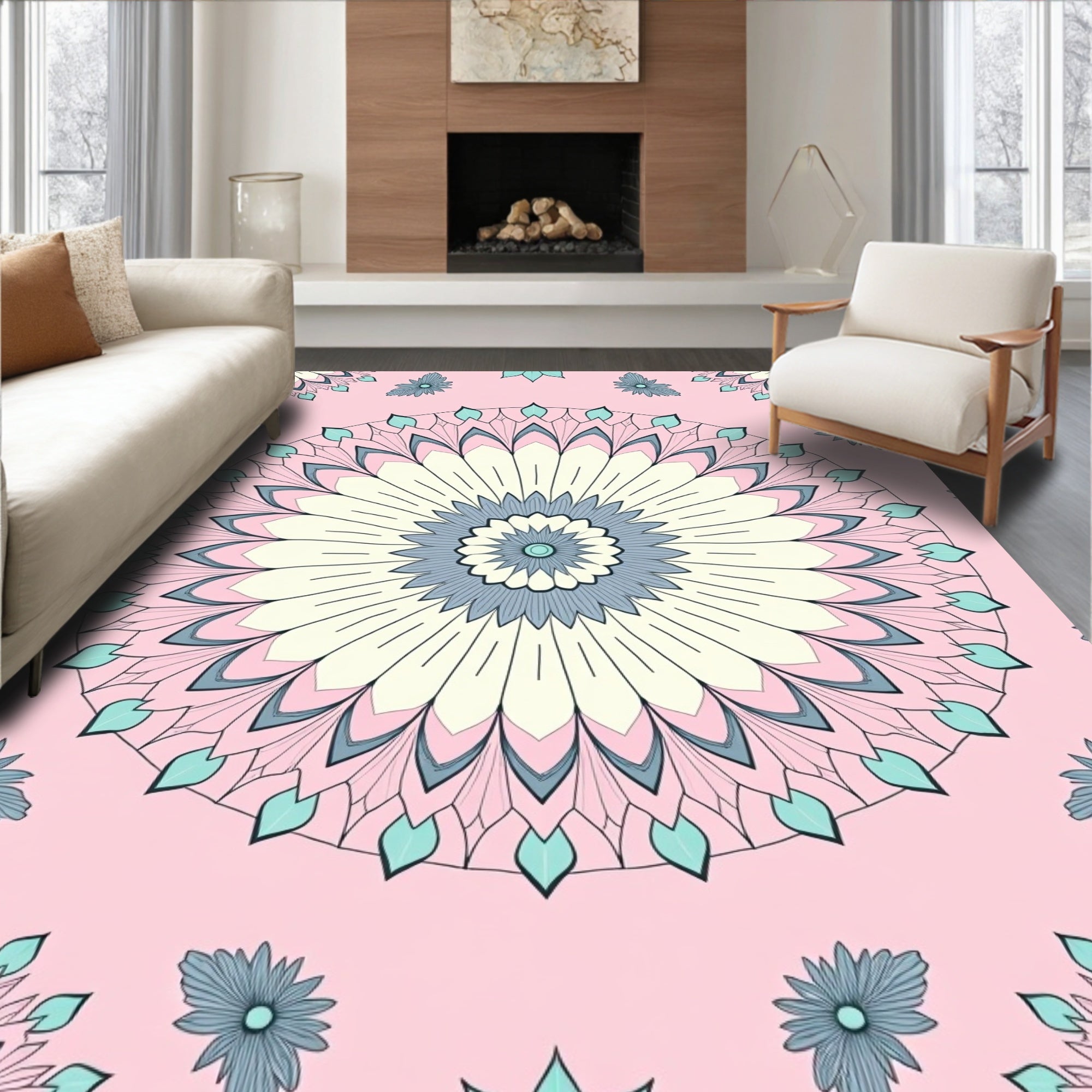 Soft Pastel Mandala Floral Pattern Rug