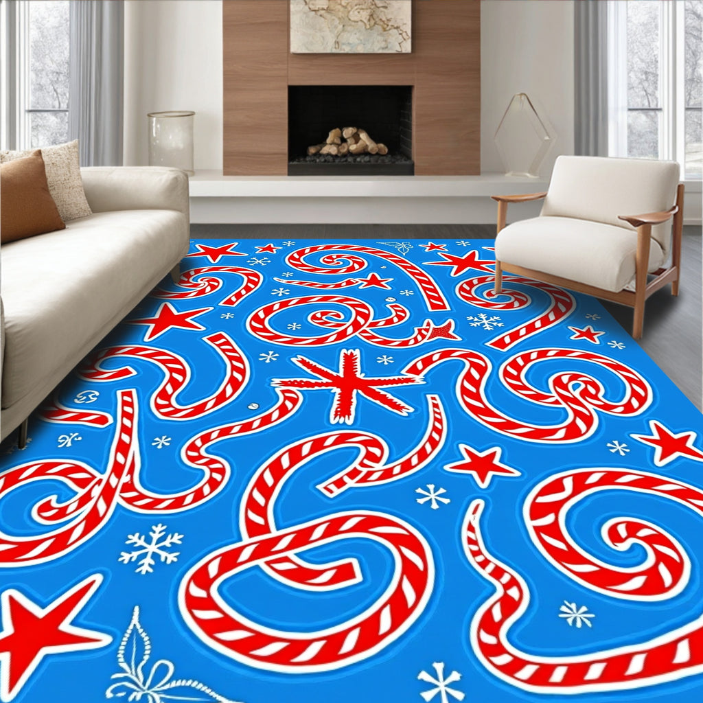 Red White Swirls Stars Snowflakes Rug