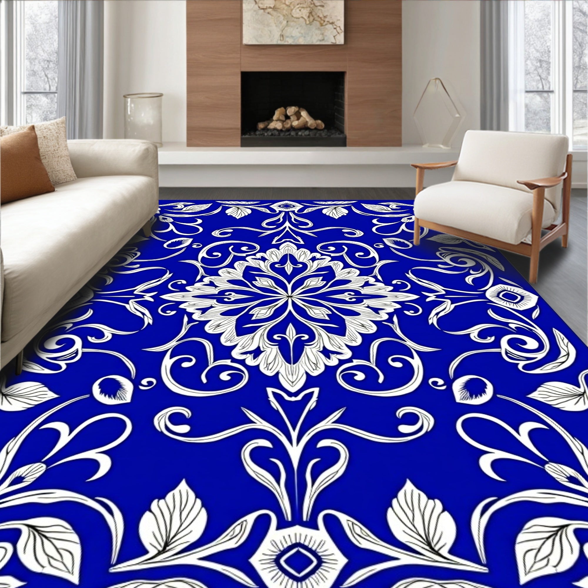 Bold Blue Floral Swirl Design Rug