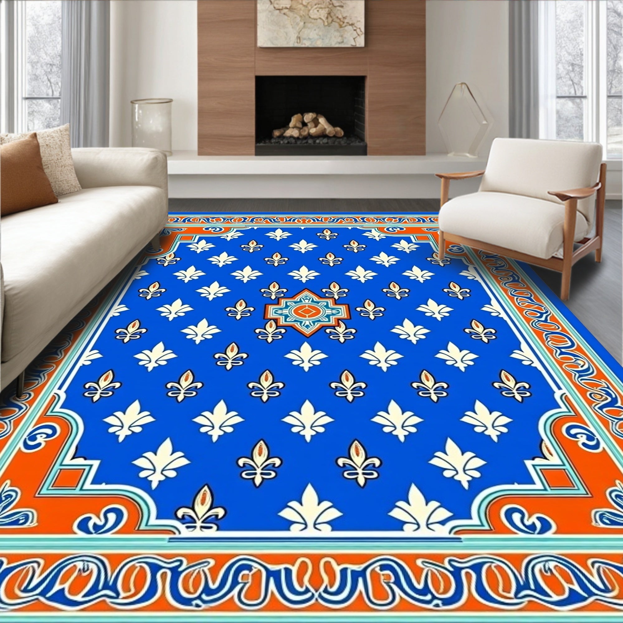 Royal Blue Fleur De Lis Pattern Rug