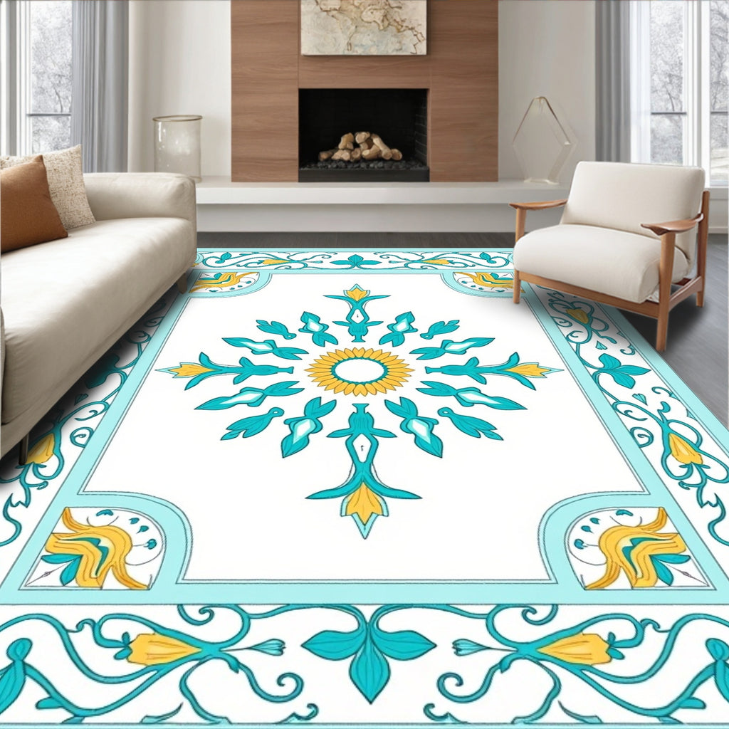 Aqua Yellow Floral Mandala Design Rug