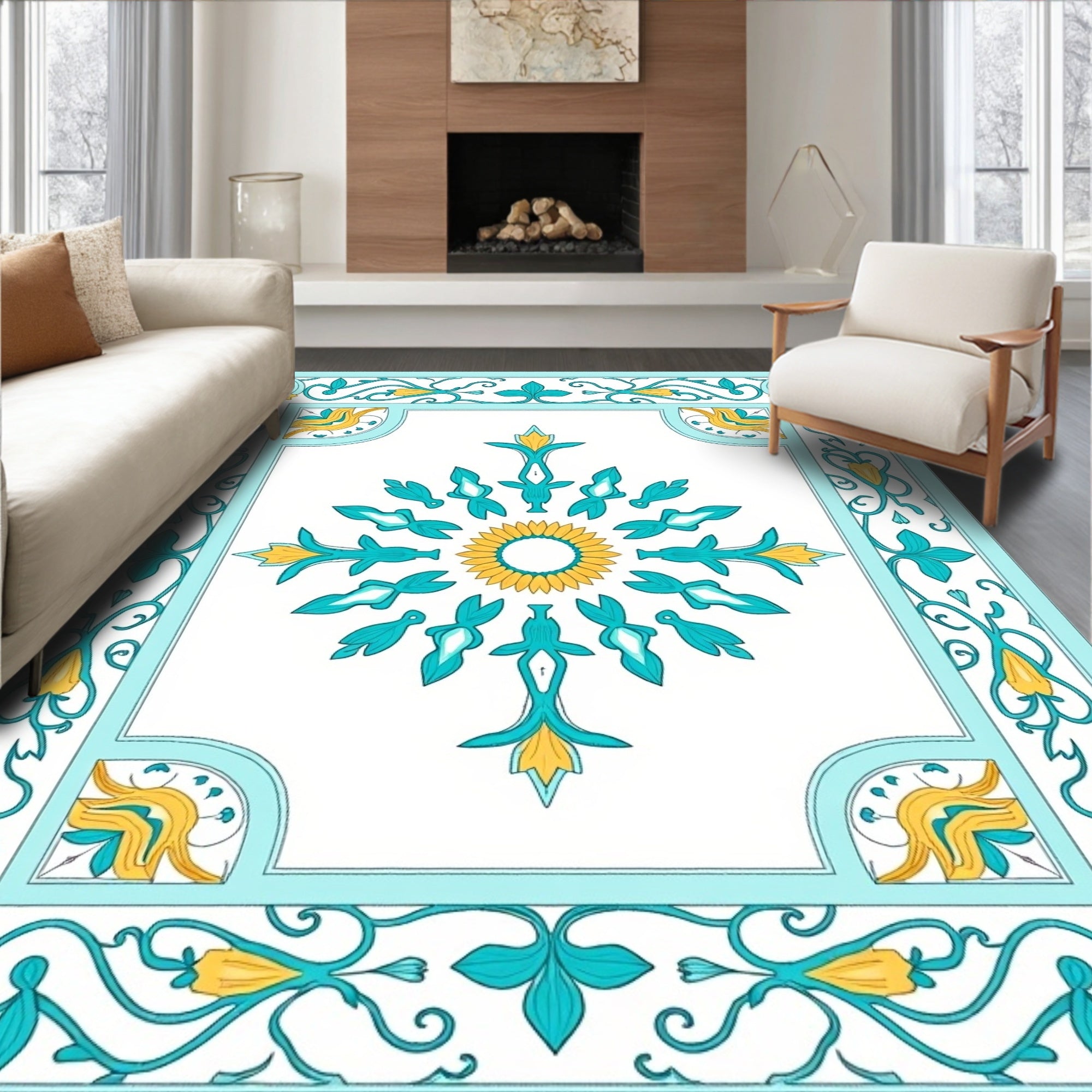 Aqua Yellow Floral Mandala Design Rug