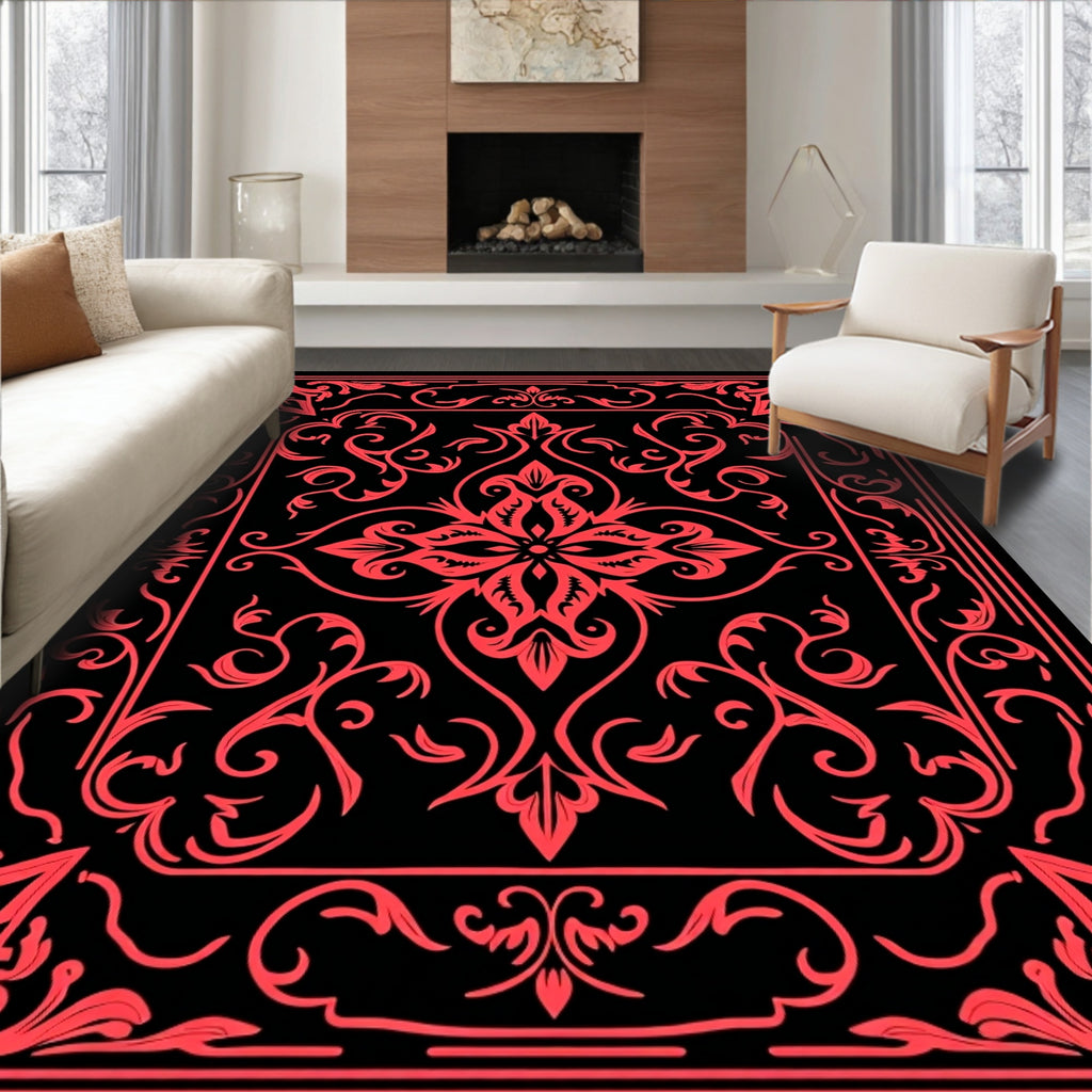 Bold Floral Red and Black Pattern Rug