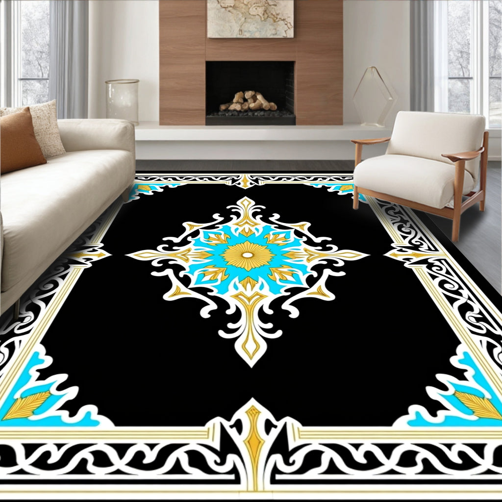 Ornate Black Gold Teal Medallion Pattern Rug