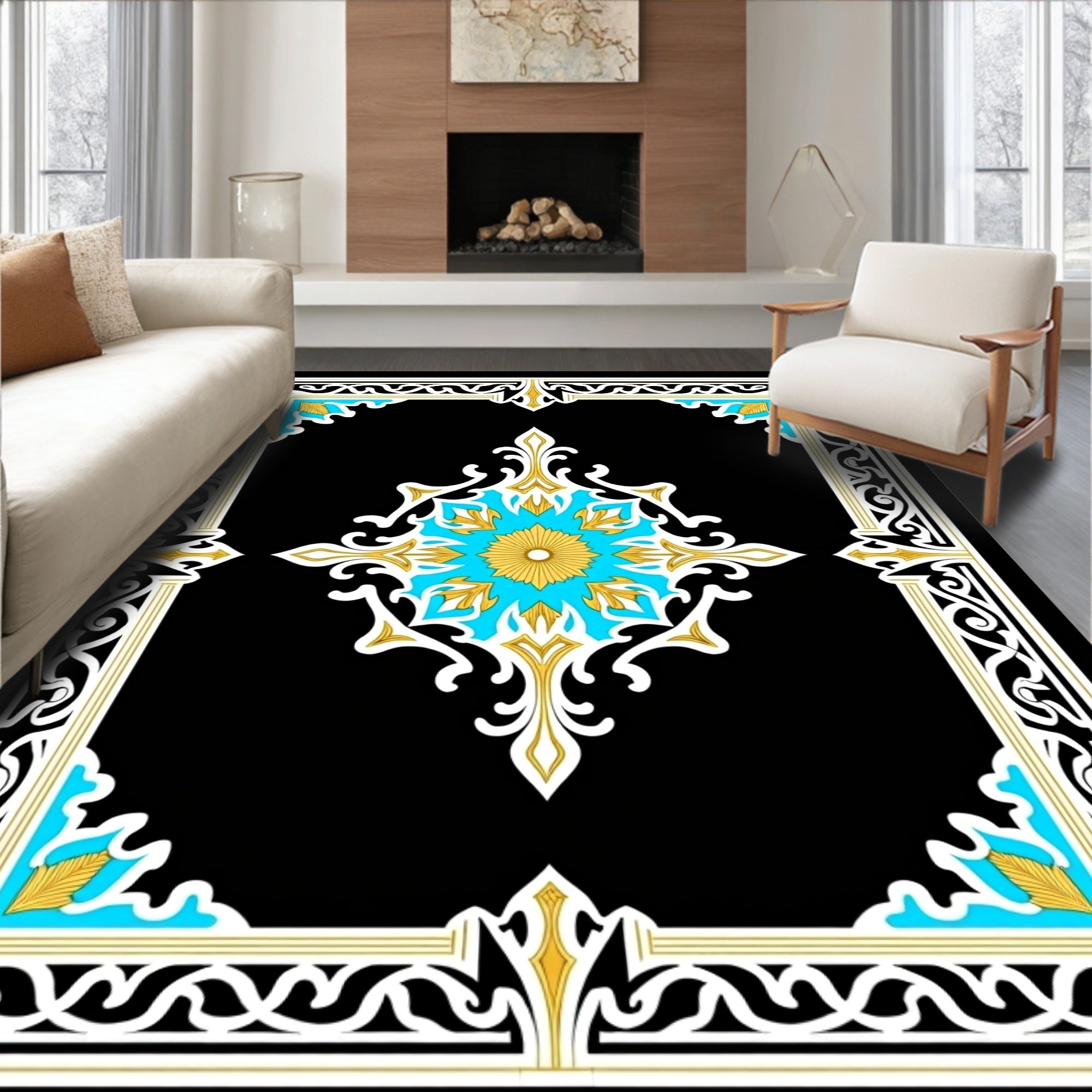Ornate Black Gold Teal Medallion Pattern Rug