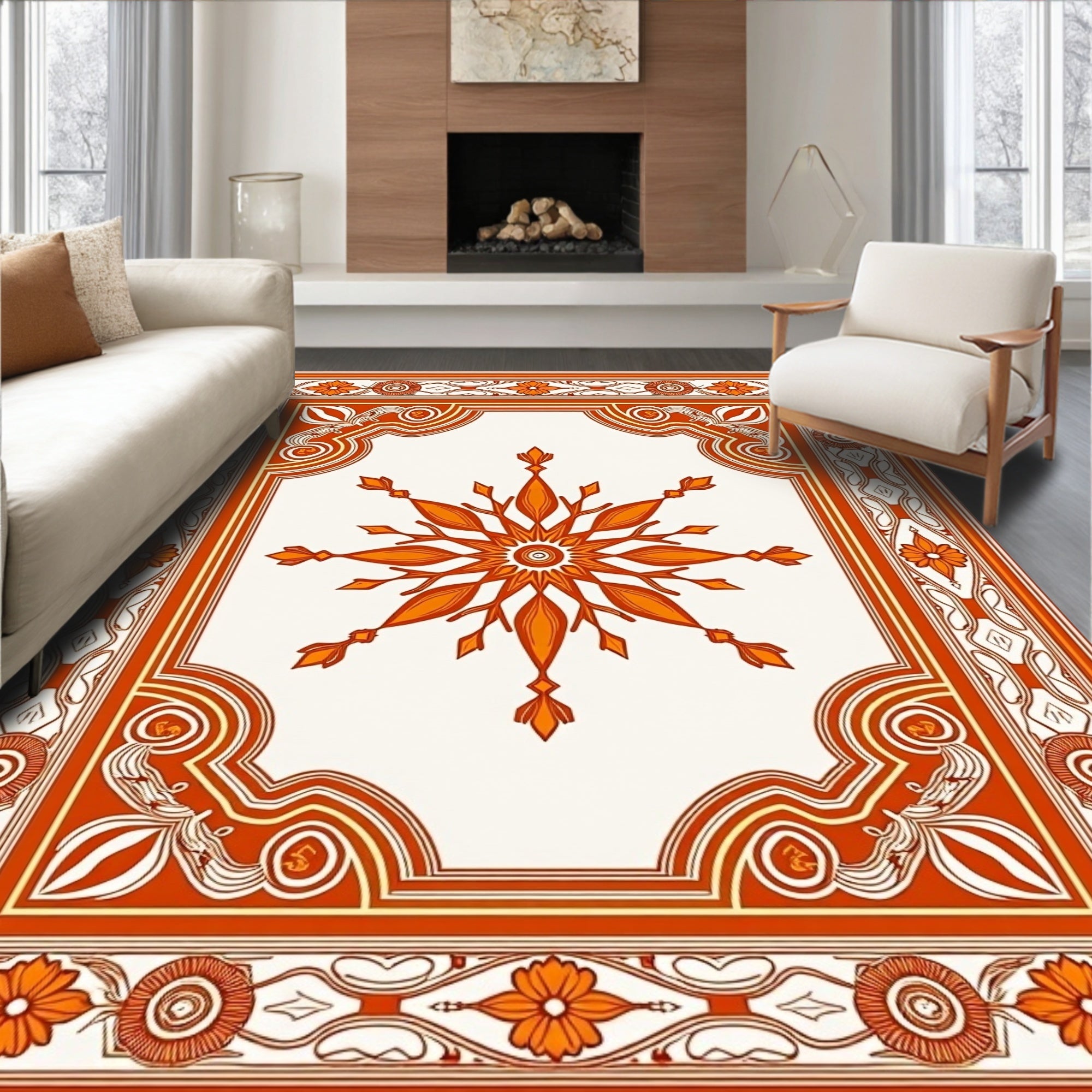 Orange Floral Medallion Scrollwork Rug