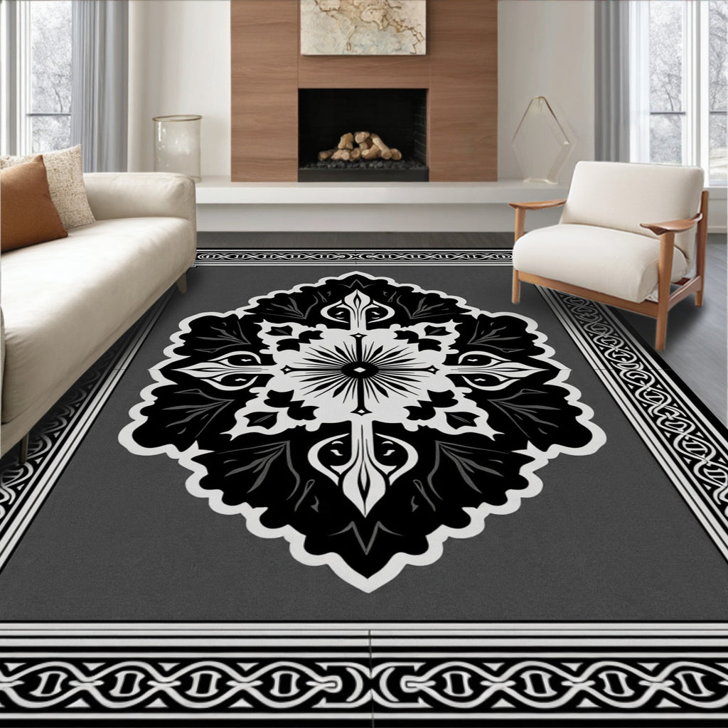 Ornate Black and White Graphic Medallion Rug