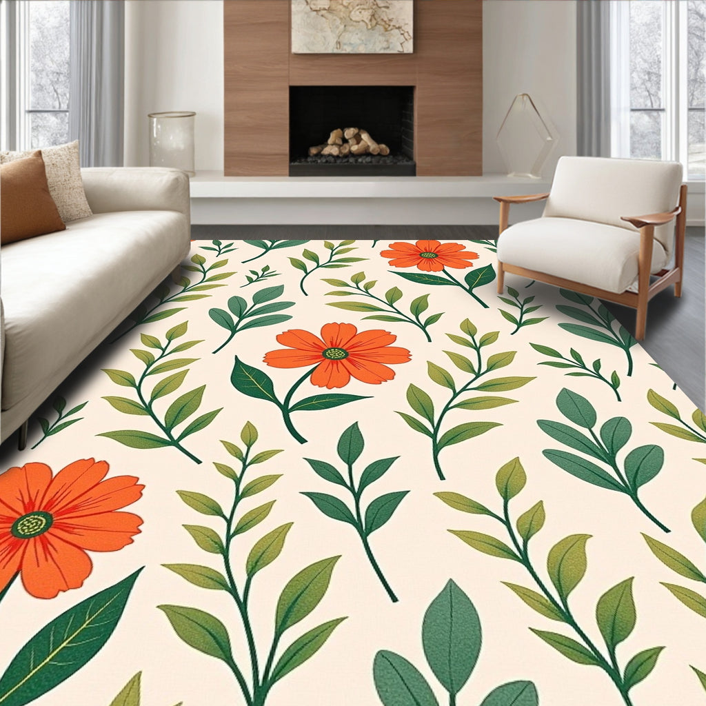 Orange Floral Leafy Pattern Design Rug