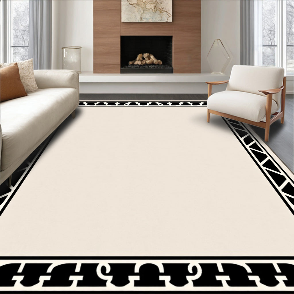Classic Black White Geometric Border Rug
