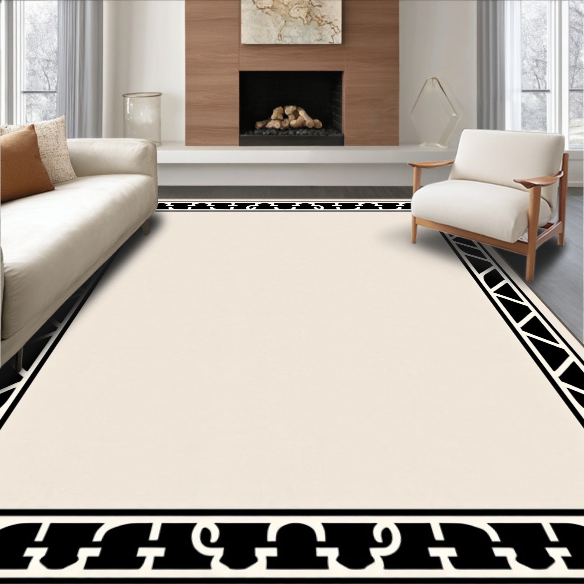 Classic Black White Geometric Border Rug