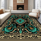 Ornate Teal Gold Floral Scroll Rug