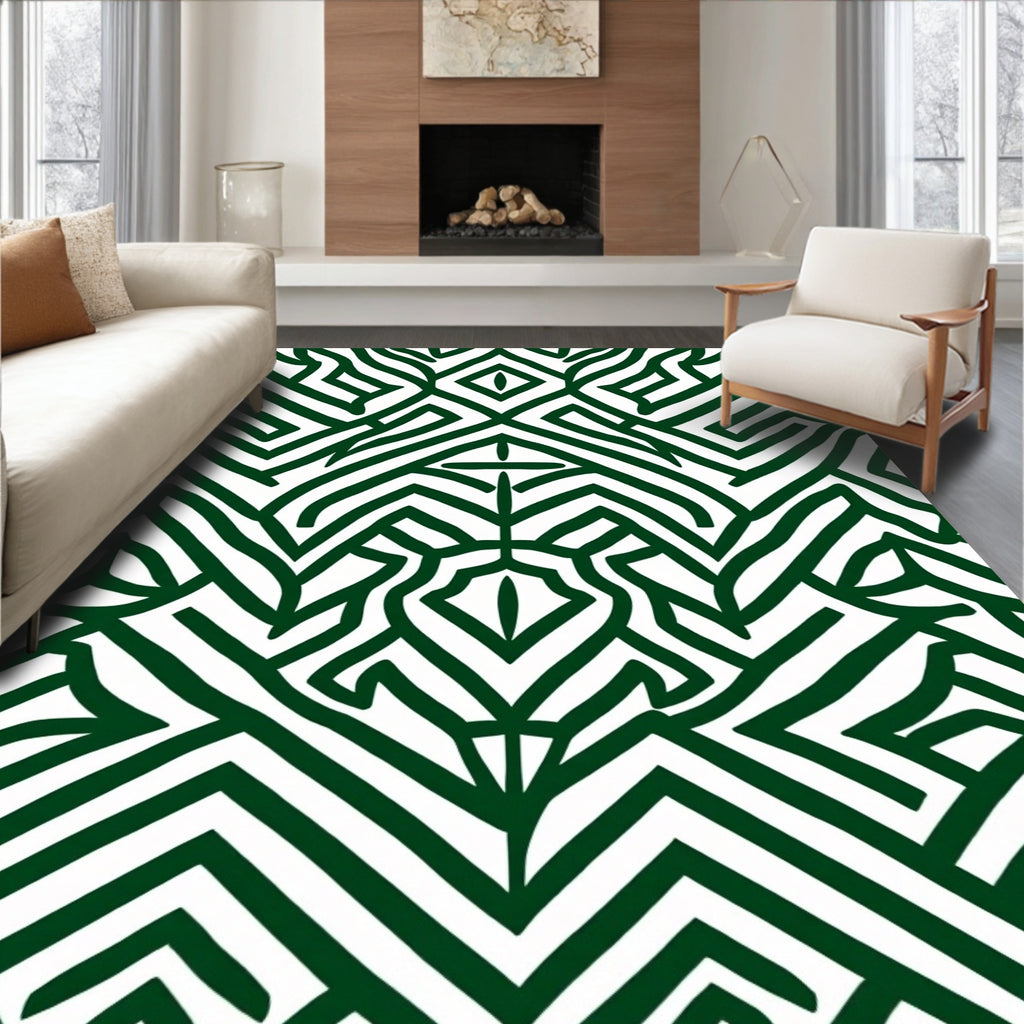 Emerald Green Abstract Geometric Maze Rug