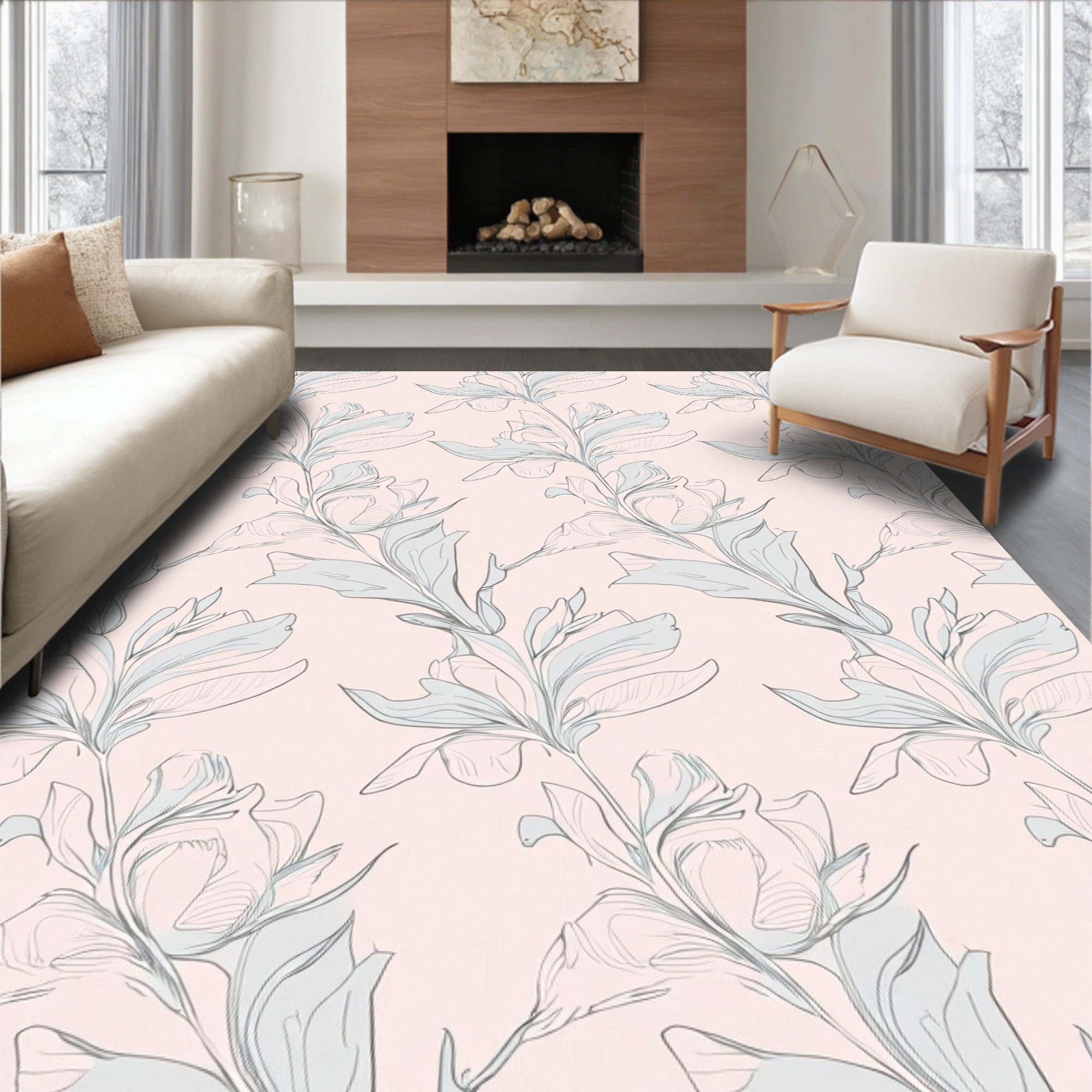 Botanical Sketch Floral Pattern Rug