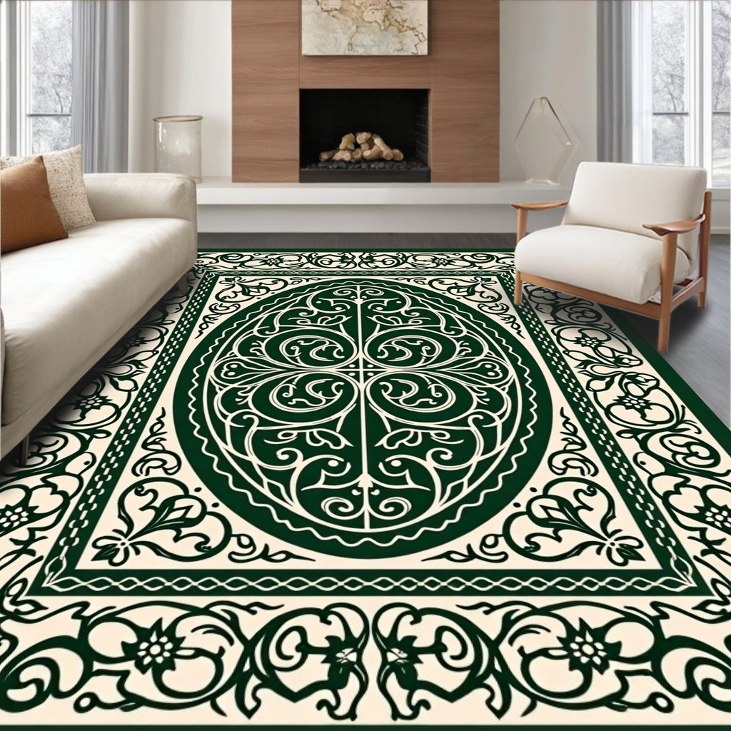 Ornate Floral Scrollwork Oval Pattern Rug