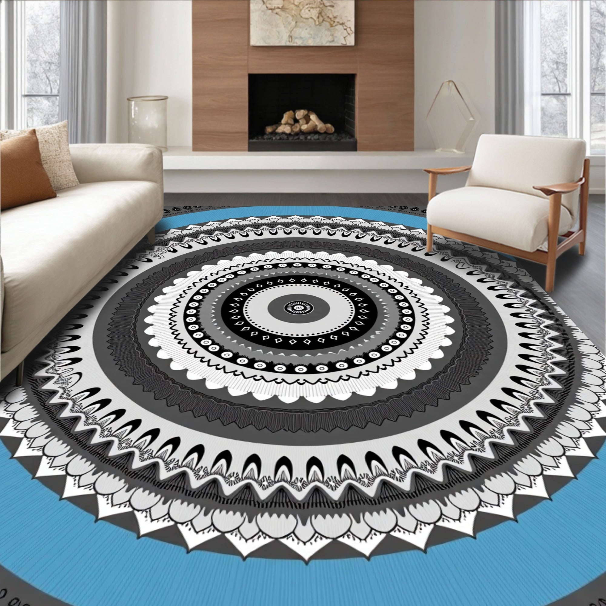 Circular Blue Ornamental Mandala Rug