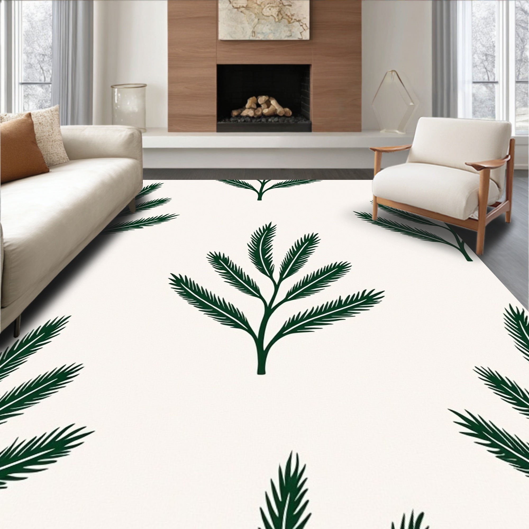 Dark Green Fern Motif Pattern Rug