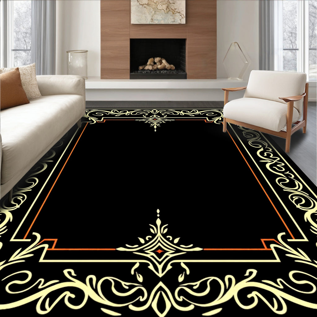 Ornate Cream and Orange Scrollwork Border Rug