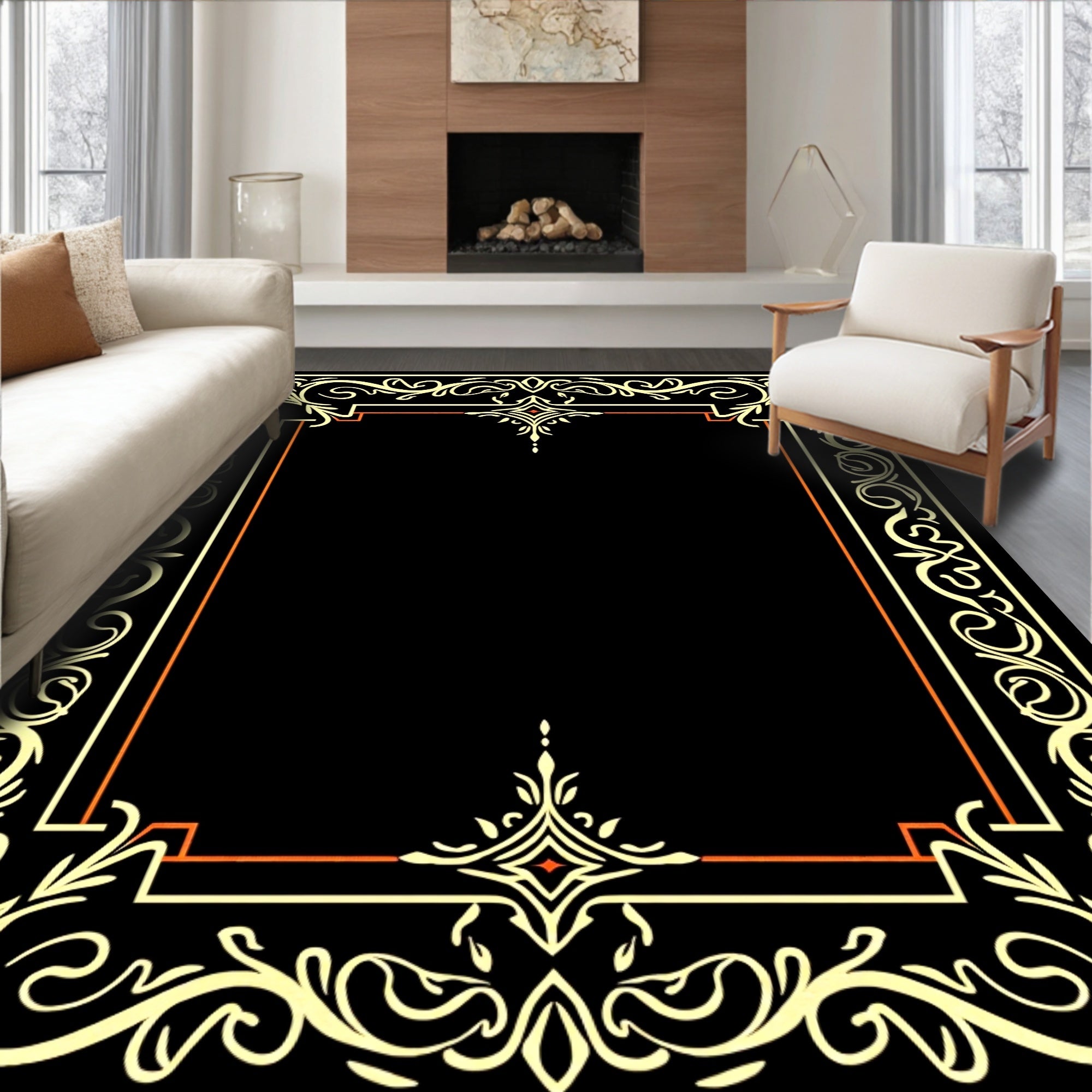 Ornate Cream and Orange Scrollwork Border Rug