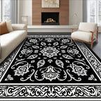 Black White Floral Paisley Border Design Rug