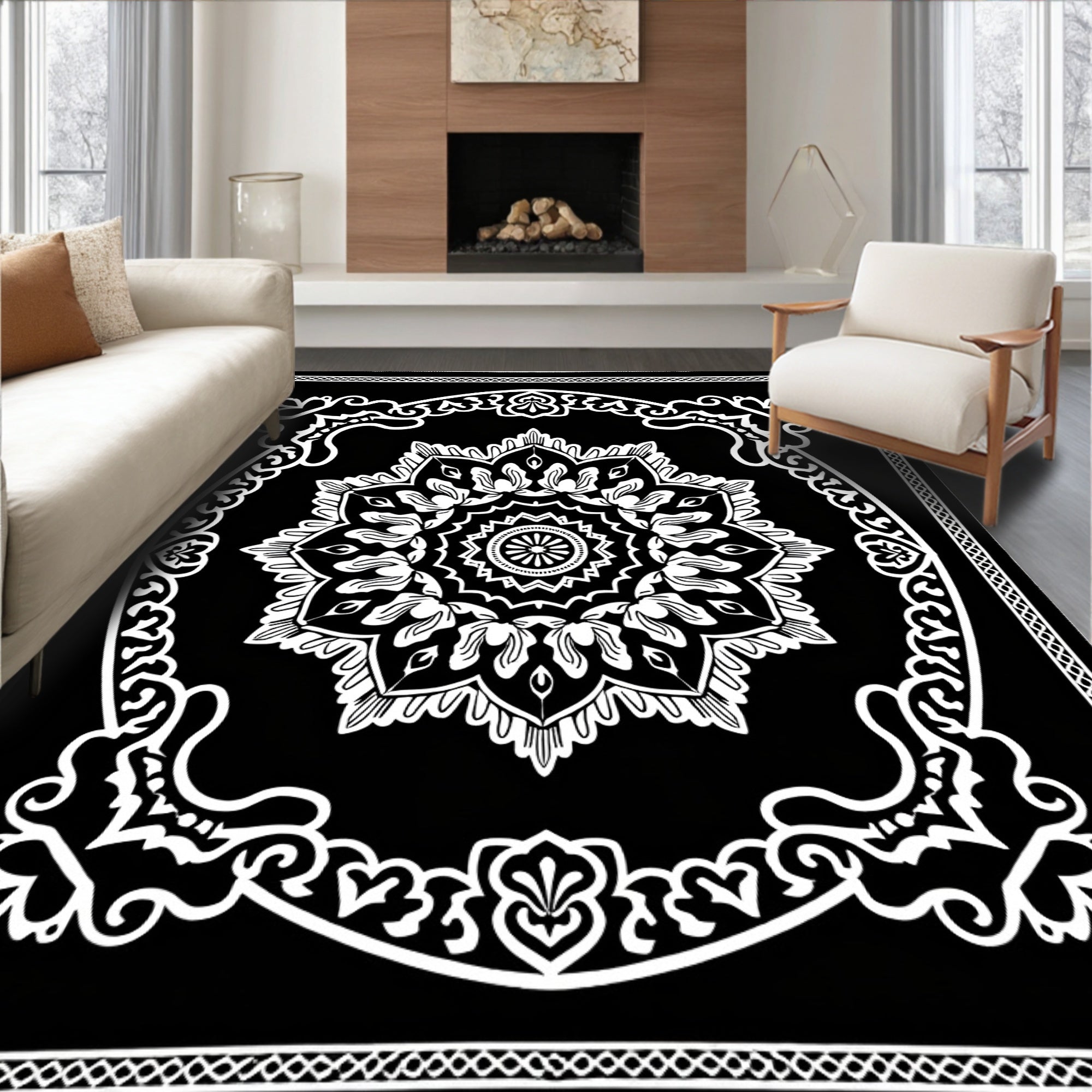 Black White Mandala Patterned Rug