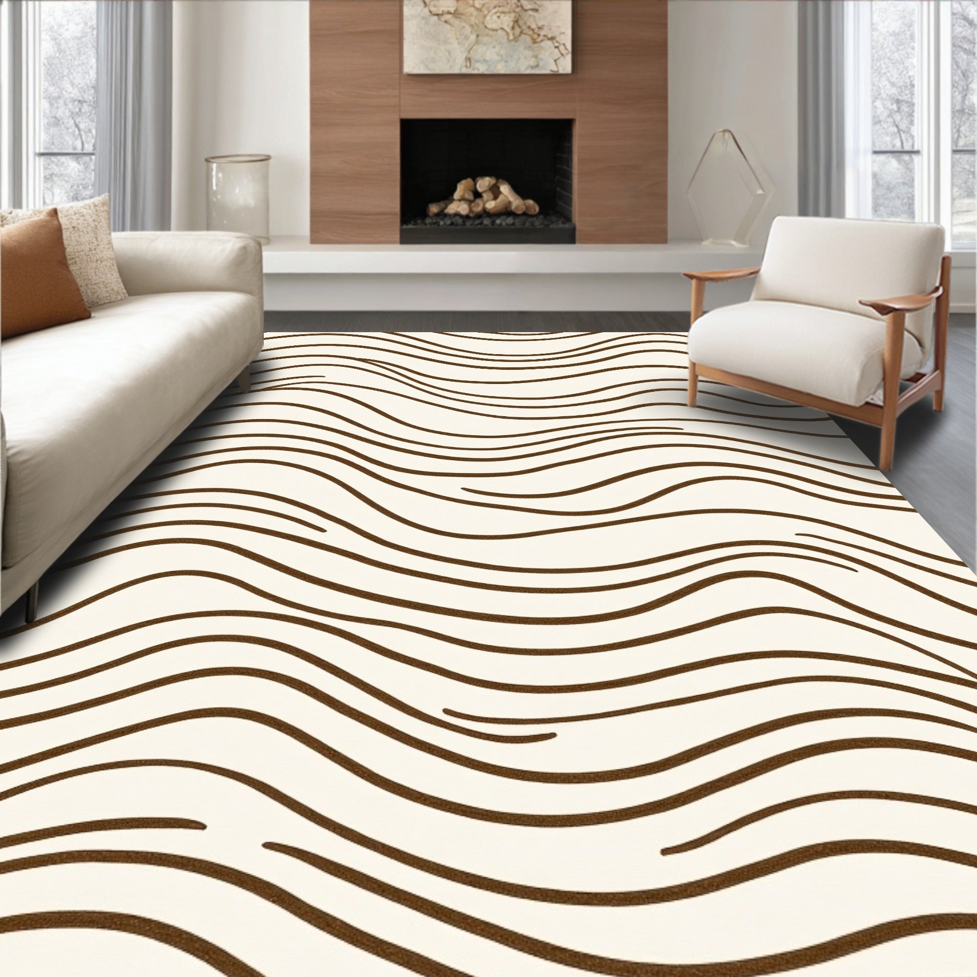 Abstract Wavy Brown Line Pattern Rug
