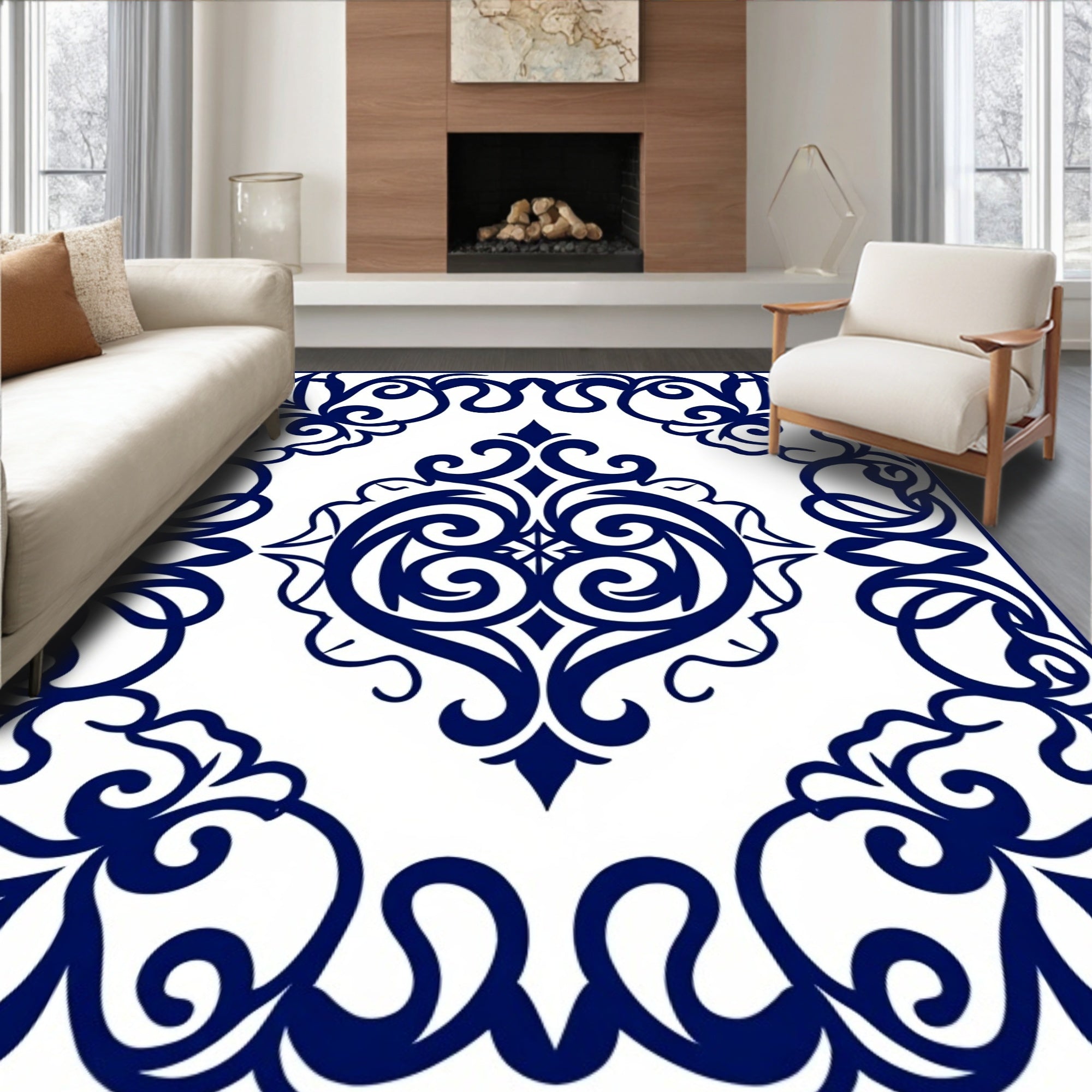 Intricate Blue Swirl Floral Pattern Rug