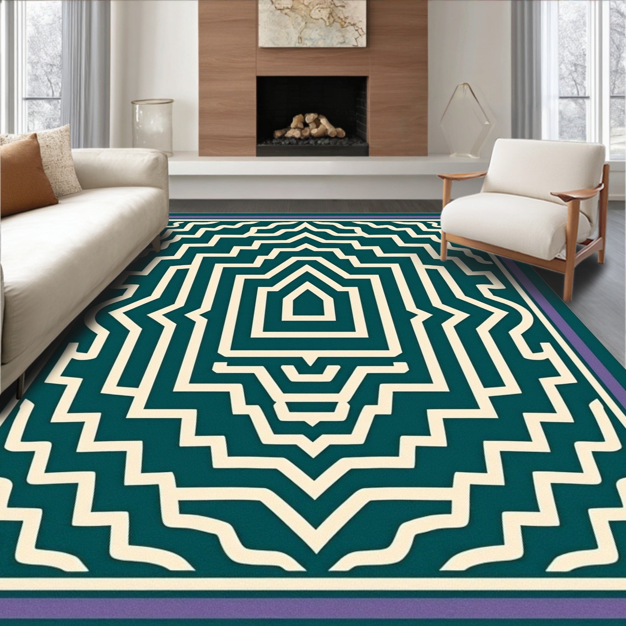 Intricate Teal Cream Geometric Pattern Rug