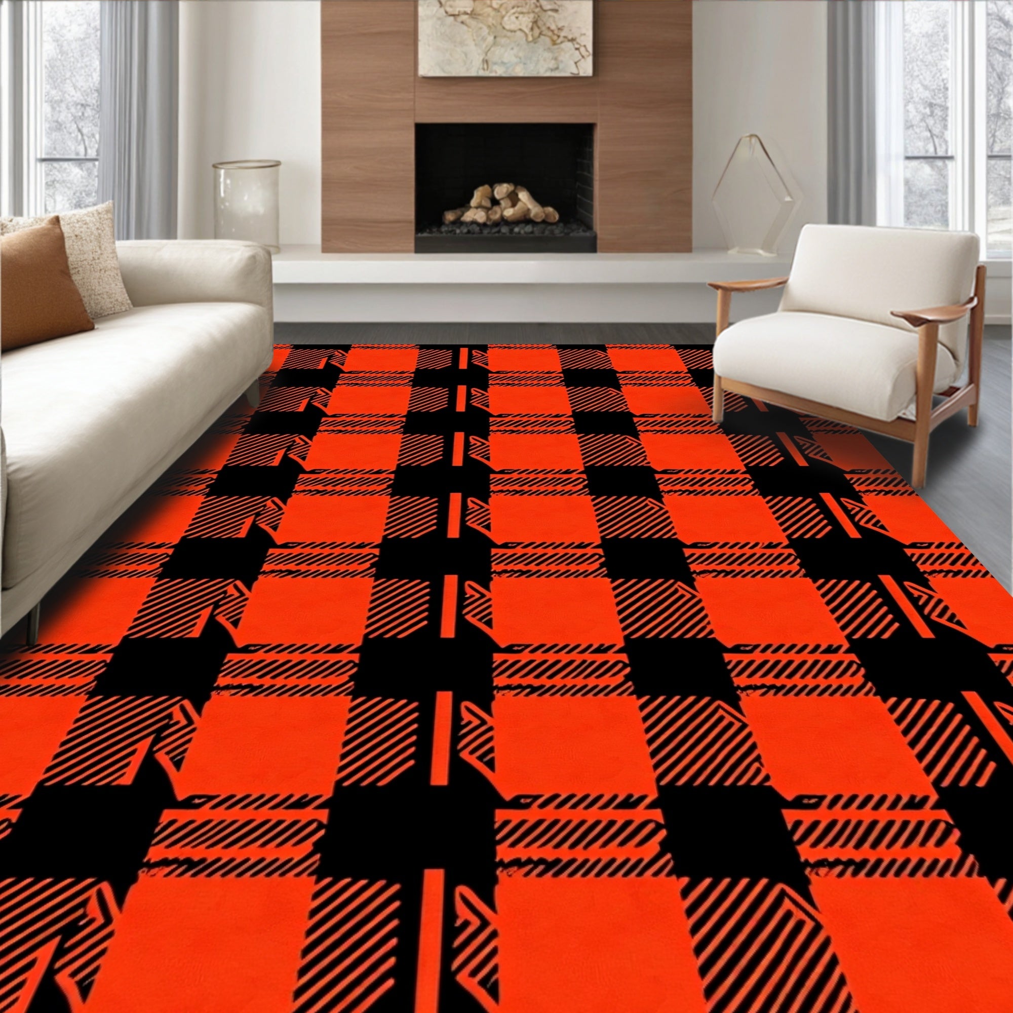 Bold Orange Black Plaid Pattern Rug