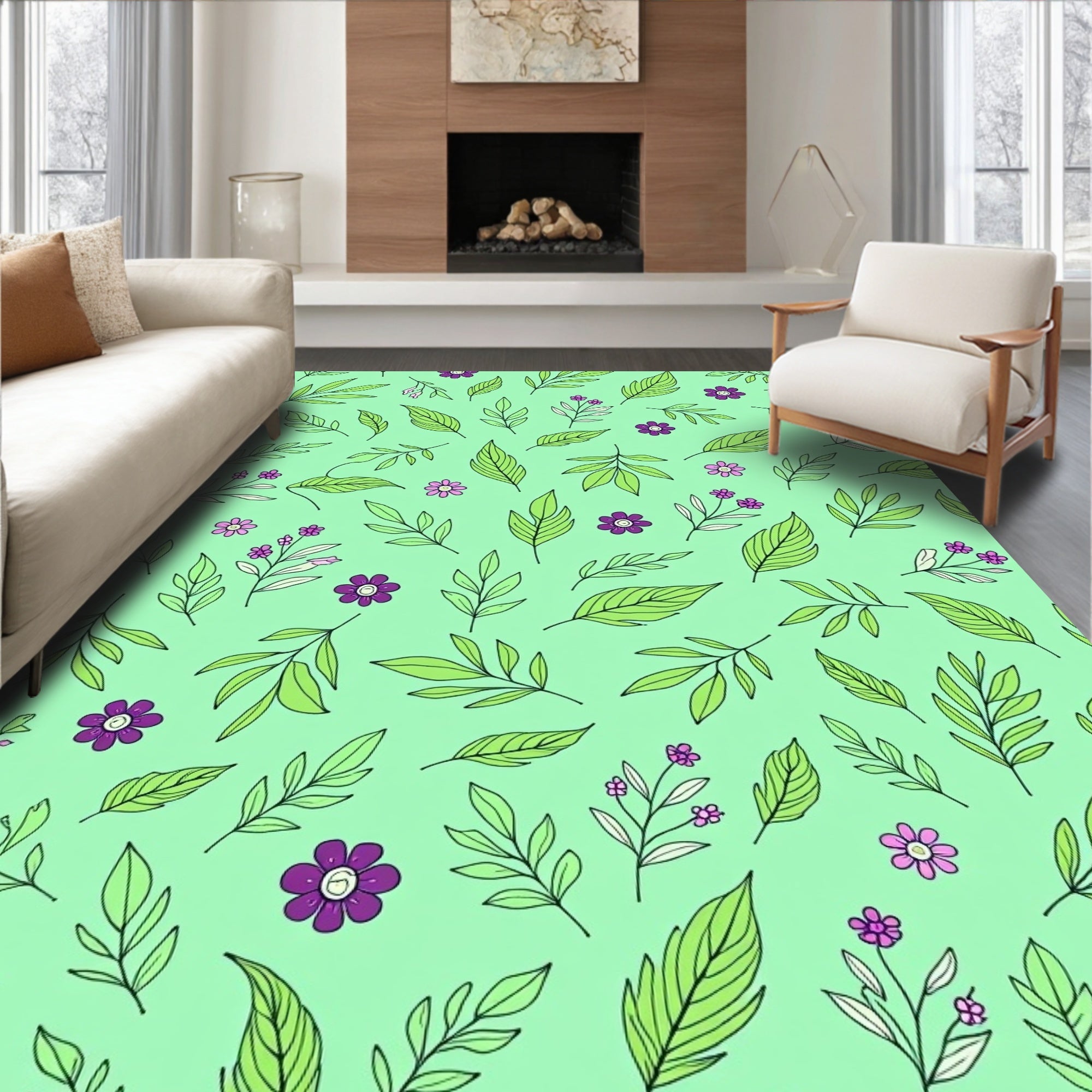 Green Purple Floral Leaf Pattern Rug