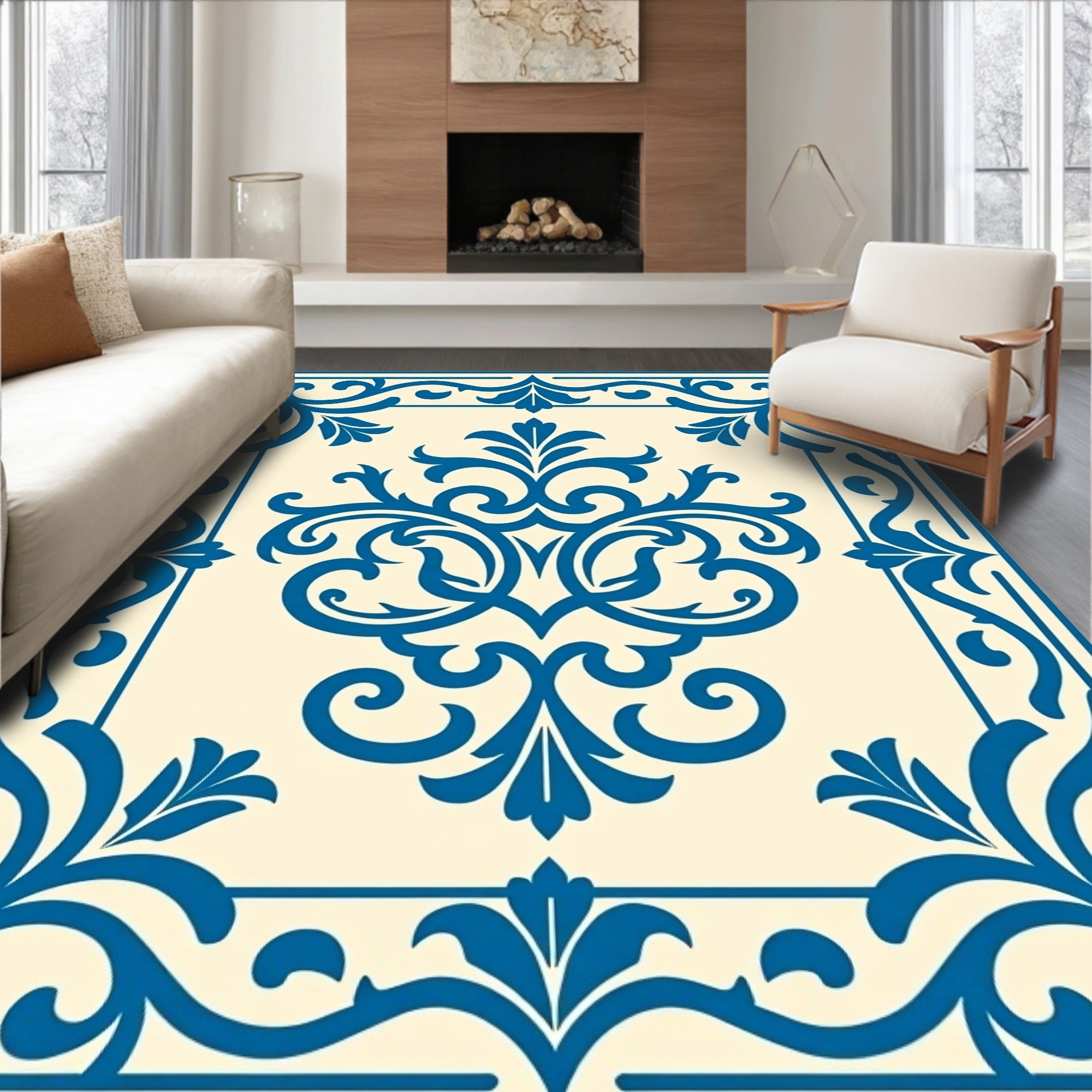 Classic Blue Floral Scroll Border Rug