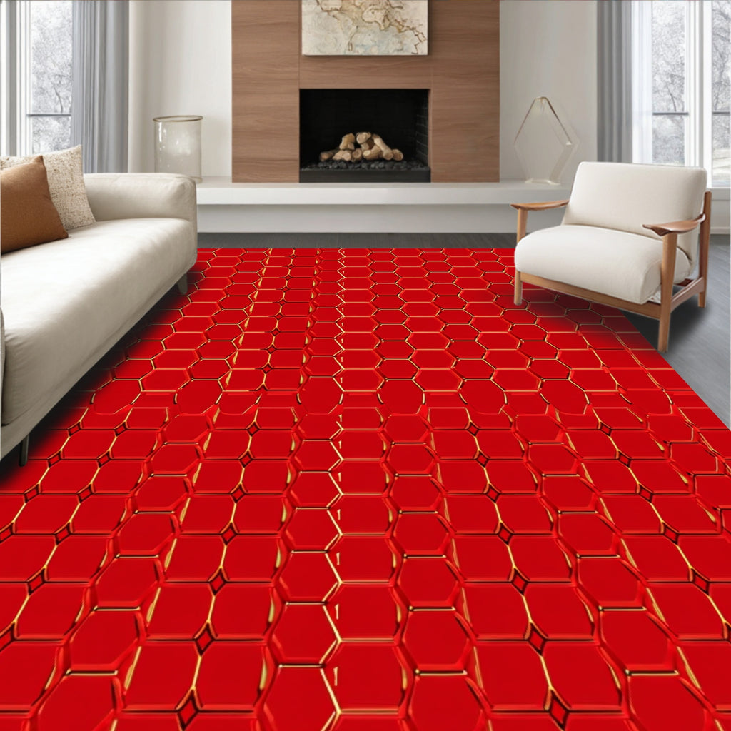 Crimson Hexagonal Metallic Pattern Rug