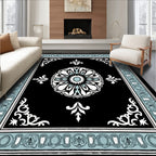 Black Floral Ornamentation With Light Blue Border Rug