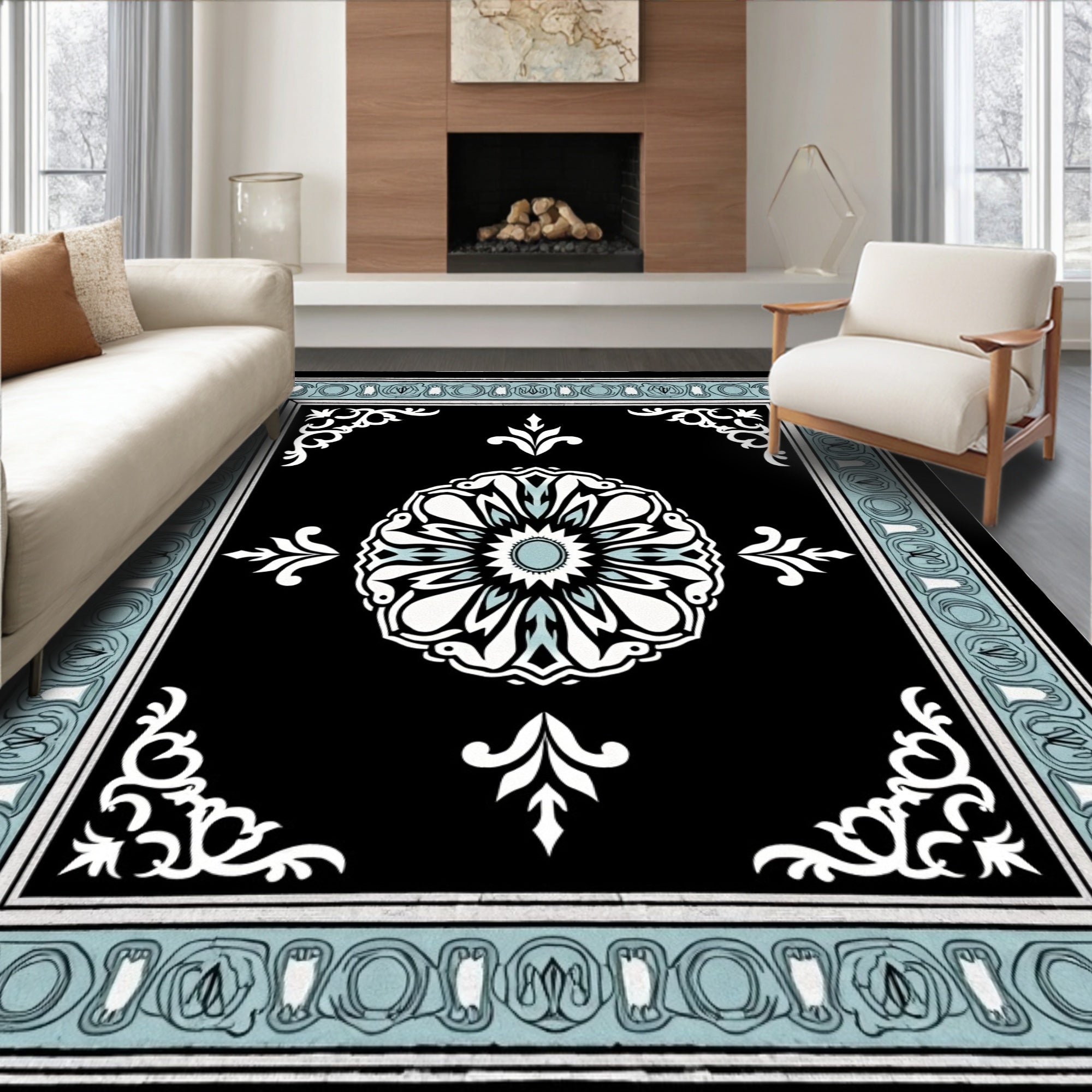 Black Floral Ornamentation With Light Blue Border Rug