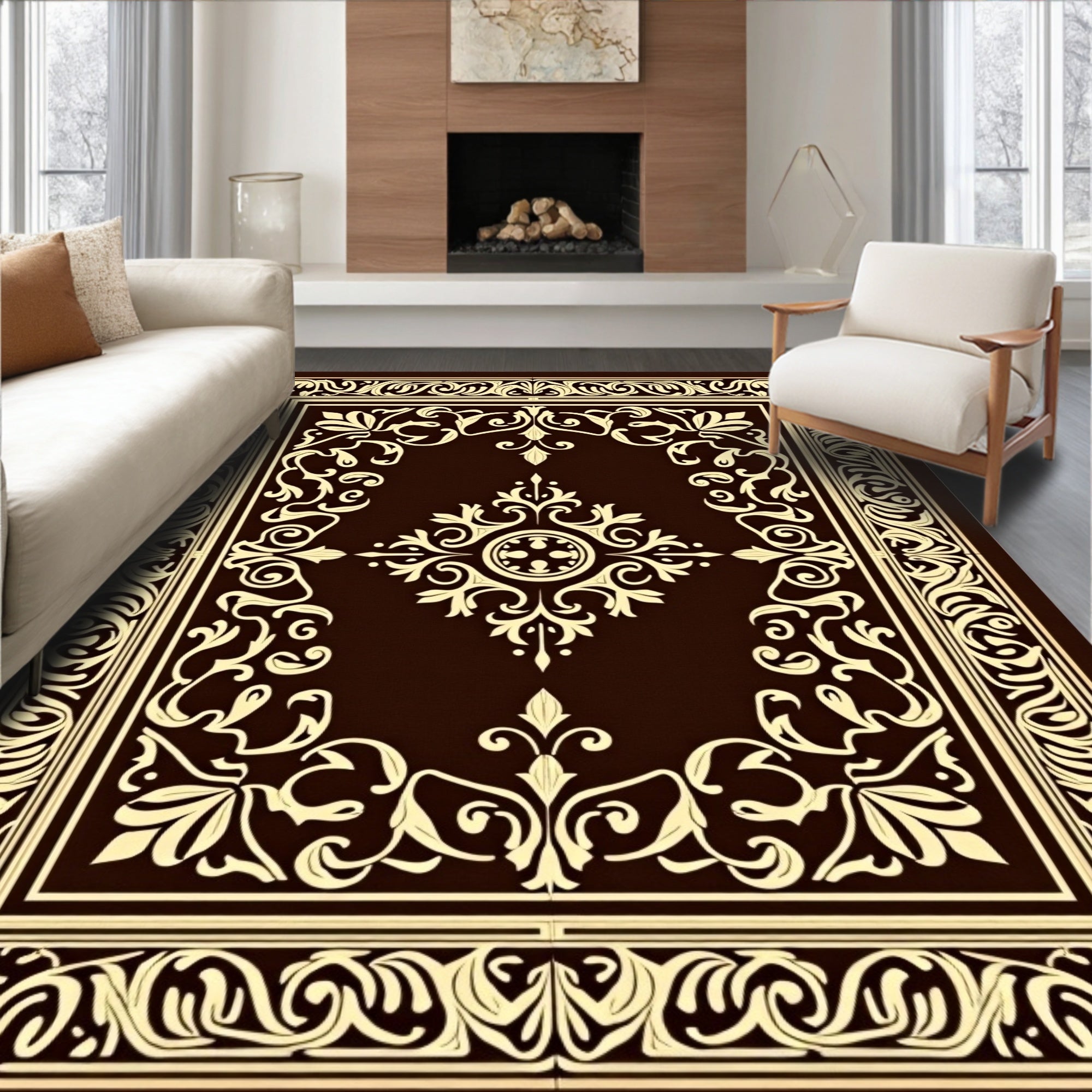 Elegant Swirls and Floral Border Design Rug