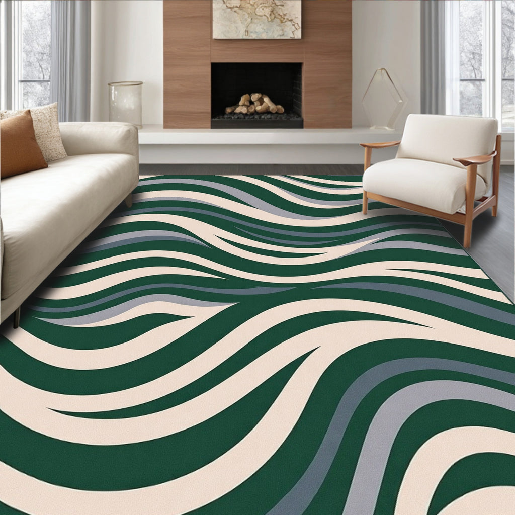 Deep Green Waves Geometric Pattern Rug