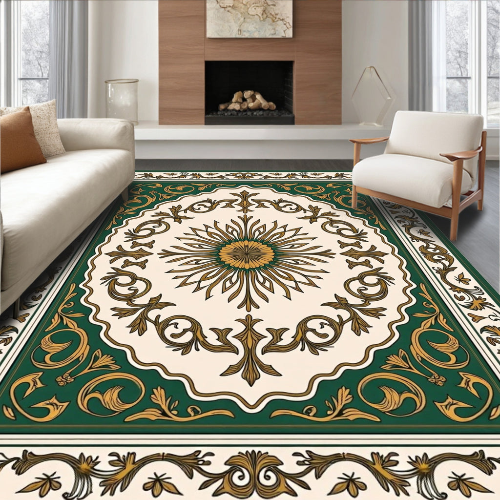 Ornate Green Gold Floral Pattern Rug
